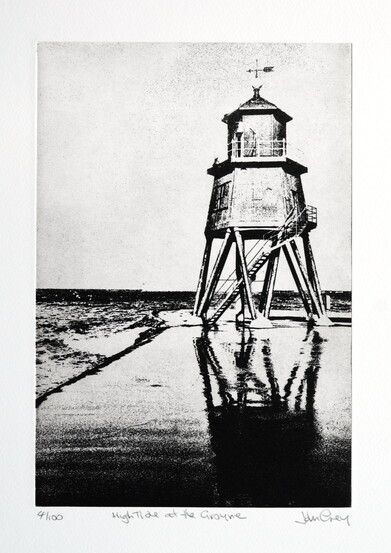 thumbnail of etching of High Tide at the Groyne Light